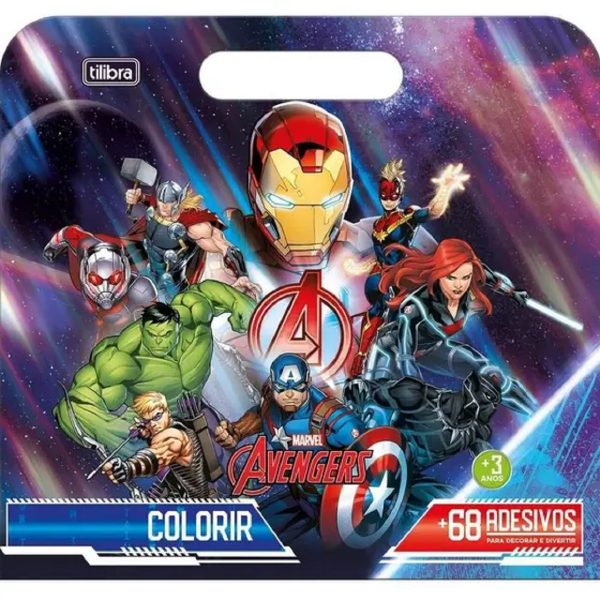 Livro-com-formato-de-maleta-para-colorir-marca-tilibra-linha-vingadores-contém-cartela-de-adesivos